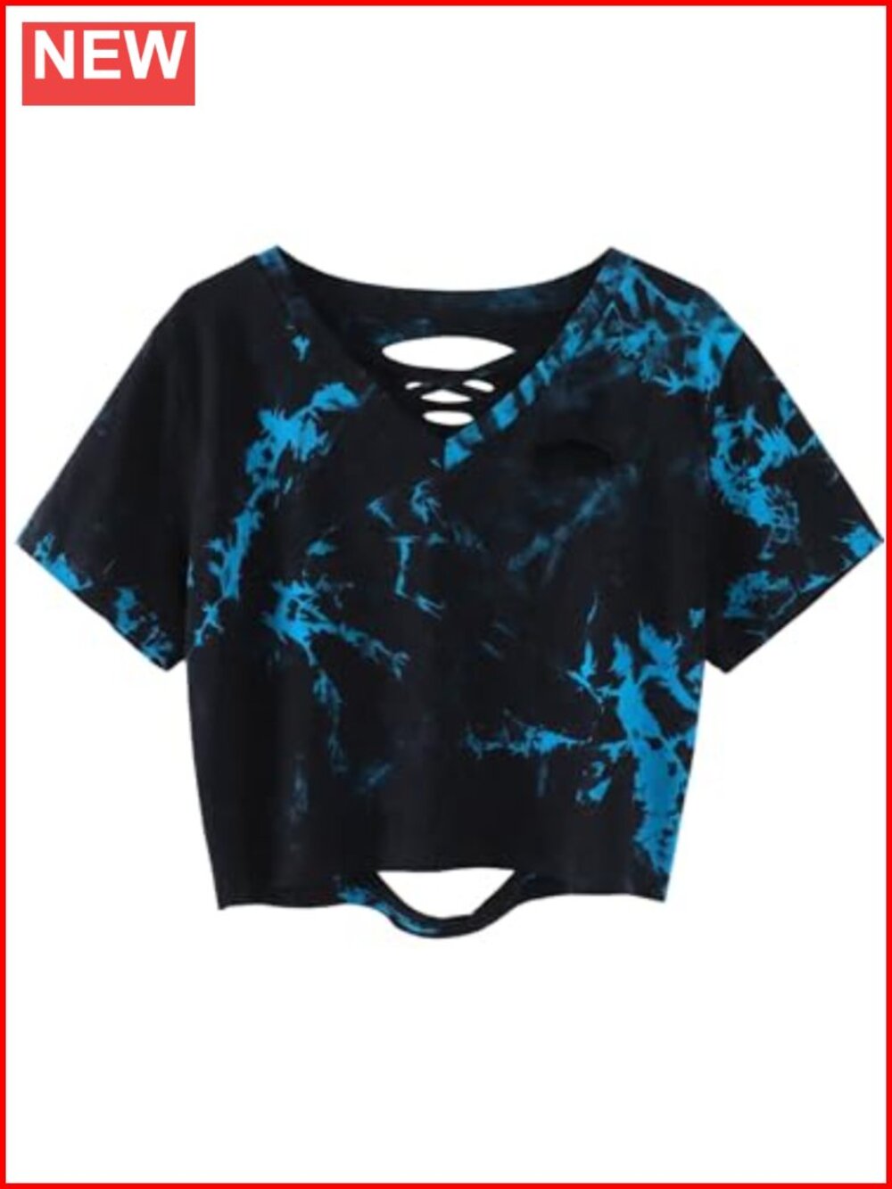 Tie Dye Crop Top Criss Cross V Neck Distressed Ripped Short Sleeve Tee